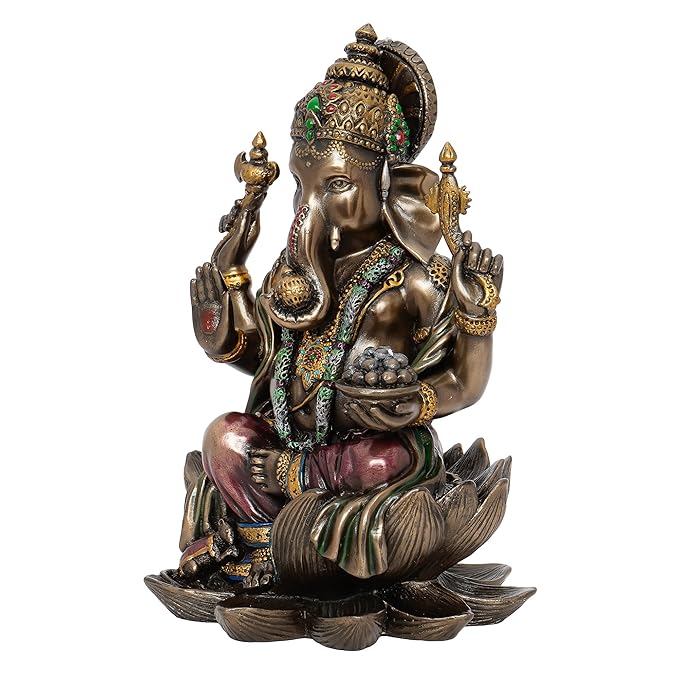 Ecraftindia Handcrafted Polyresin and Bronze Chaturbhuj Lord Ganesha Idol Sitting on Lotus Flower Decorative Statue for Home