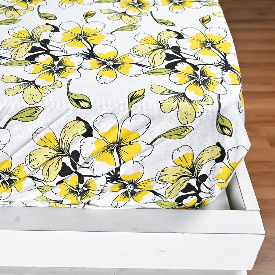 Divine Casa Floret 100% Cotton Double Fitted Bedsheet 144 TC Deep Pocket Design Colour Daffodil Yellow