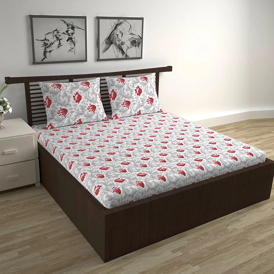 Divine Casa 144 TC 100% Cotton Bedsheet for Double Bed with 2 Pillow Cover Colour Scarlet Grey