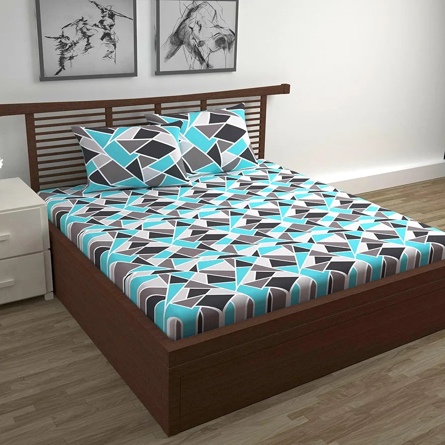 Divine Casa Double Size Bedsheet for Double Bed, 144 TC Pure Cotton Queen Size with 2 Pillow Covers Geometric Colour Aqua Grey