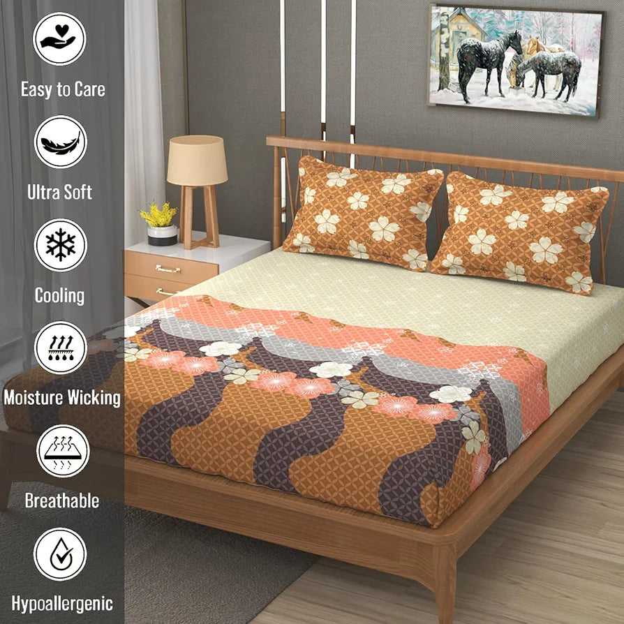 Fresh From Loom Floral Microfiber Cotton Bedsheet 240 TC King Size Soft Bed Cover with 2 Pillow Cover Berry Brown