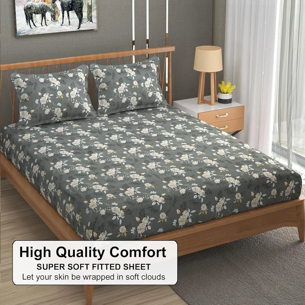 Fresh From Loom King Size Microfiber Fitted Bedsheet Set with Floral Print 240 TC Anti Fade 2 Pillow Covers Rose Oslo Grey