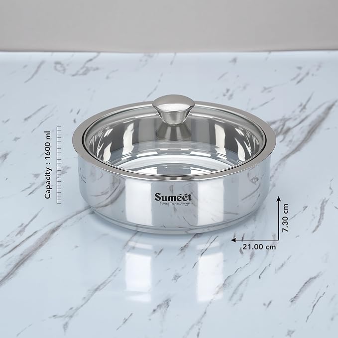 Sumeet Smart Serve Stainless Steel Double Wall Insulated Hot Roti Glass Lid 1600 milliliter 1pc Silver