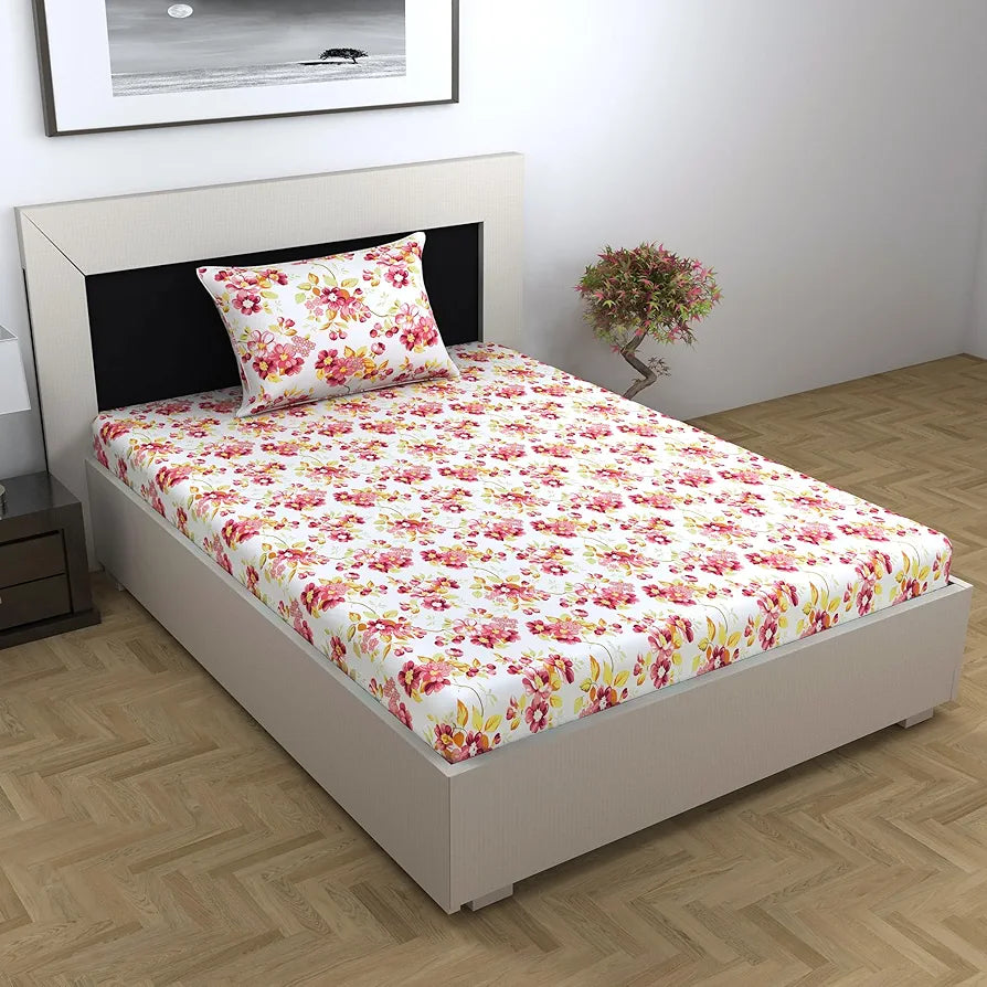 Divine Casa Floret 100% Cotton Double Fitted Bedsheet 144 TC Colour Rosy Retreat