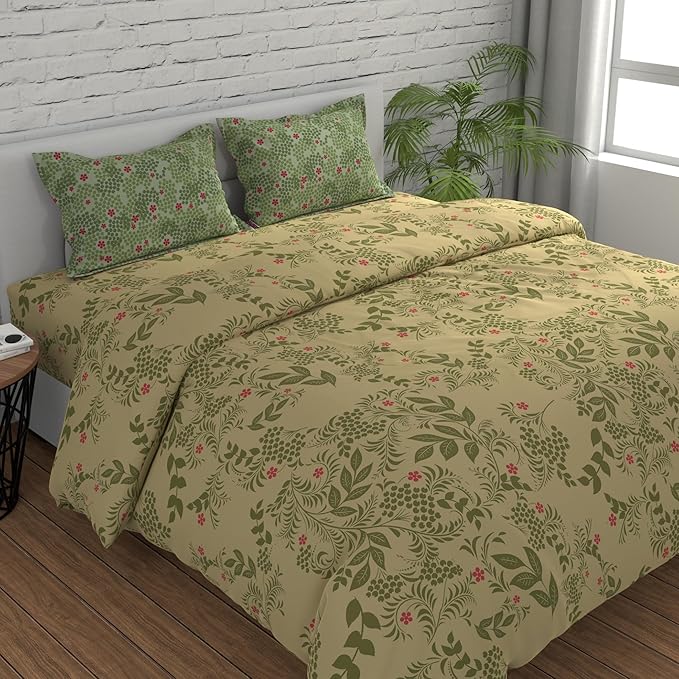 Huesland by Ahmedabad Cotton 144 TC King Size Bedsheet Cotton with 2 Pillow Covers | Botanical Bliss | Vanilla & Green
