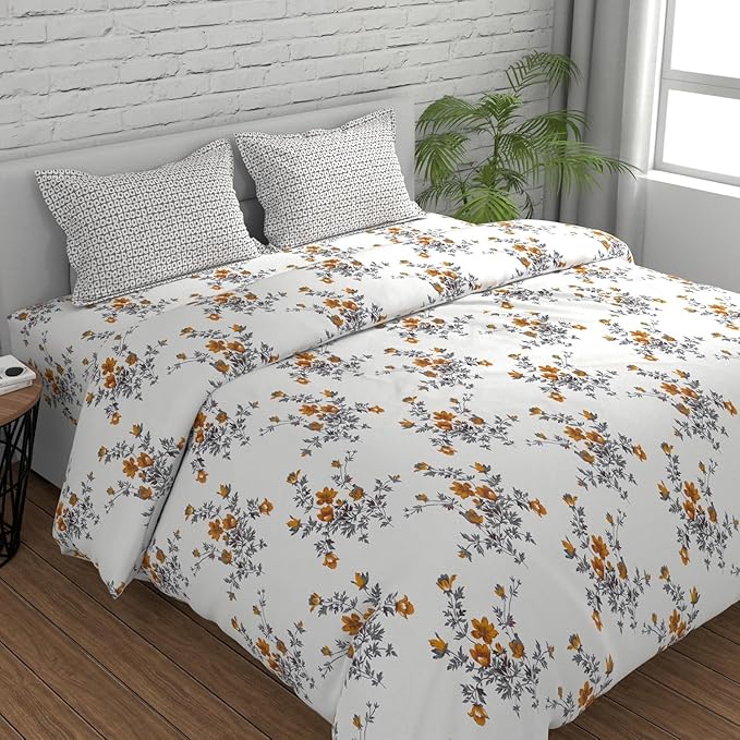 Huesland by Ahmedabad Cotton 144 TC King Size Bedsheet Cotton with 2 Pillow Covers | White, Tangerine & Grey