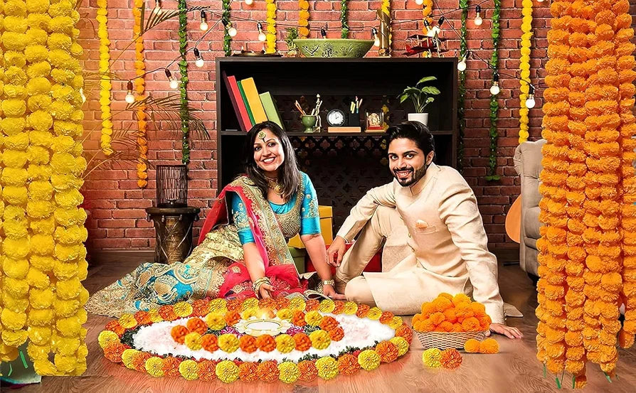 Artificial Marigold Flowers For Decoration Garland 5 Feet Long 5 Pcs 152.40 CM Orange