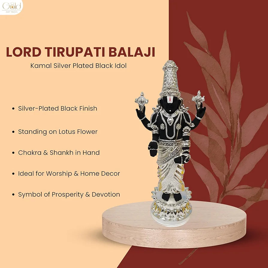 Gold Art India Lord Tirupati Balaji Kamal Silver Plated Black Idol
