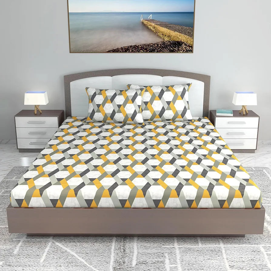 Divine Casa 144 TC Abstract Print Cotton Bedsheets for King Size Bed with 2 Pillow Covers Colour Greyochre