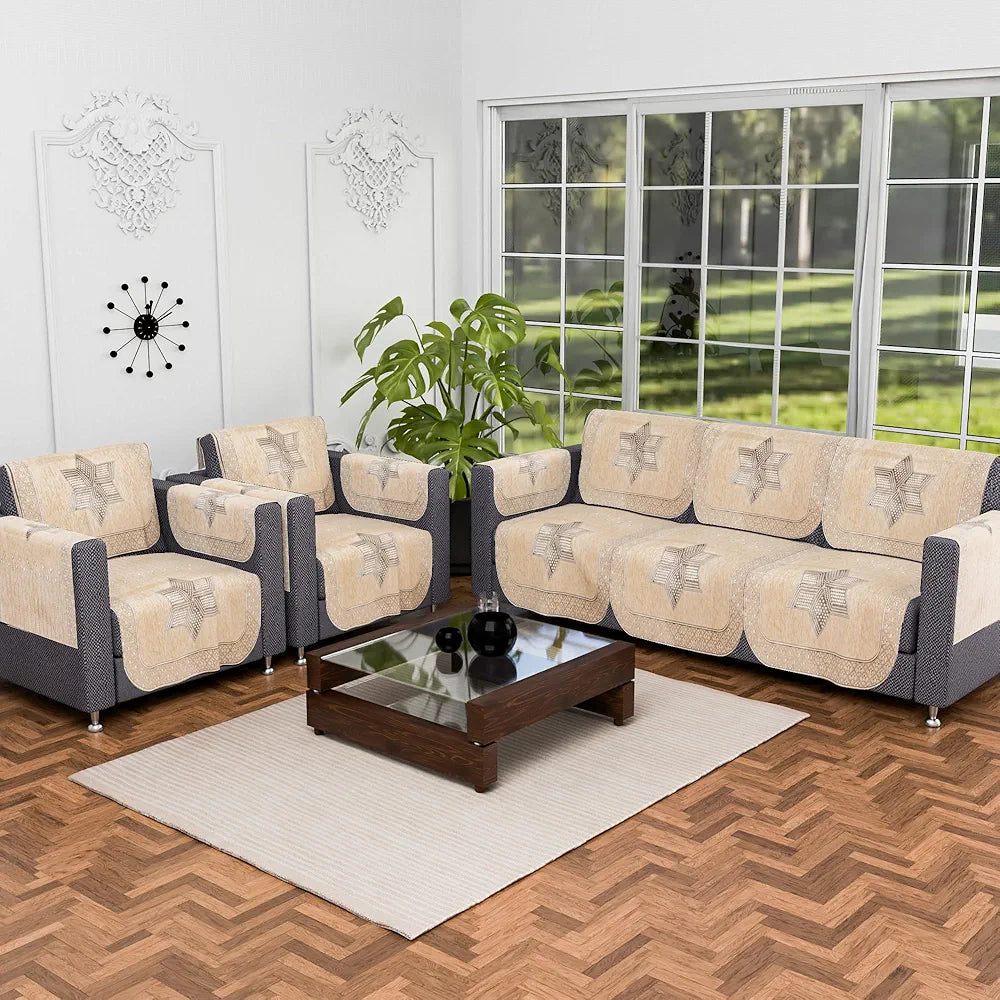 Kuber Industries Set of 16 Anti-Skid Sofa Cover 5-Seater with Arm Cover Star Print Cream & Brown