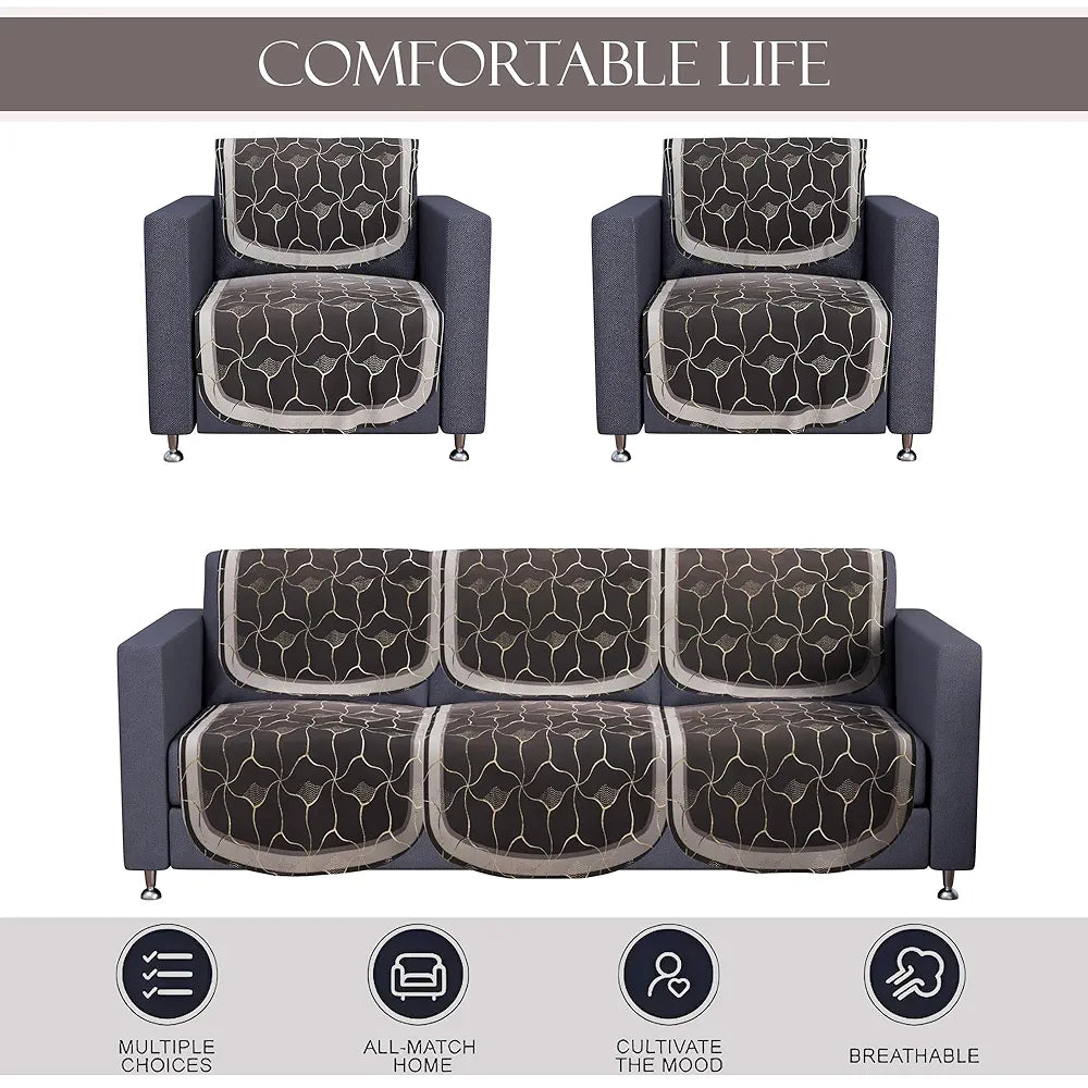 Kuber Industries Set of 10 Anti-Skid Sofa Cover 5-Seater Arabica Look Brown & Golden Foil