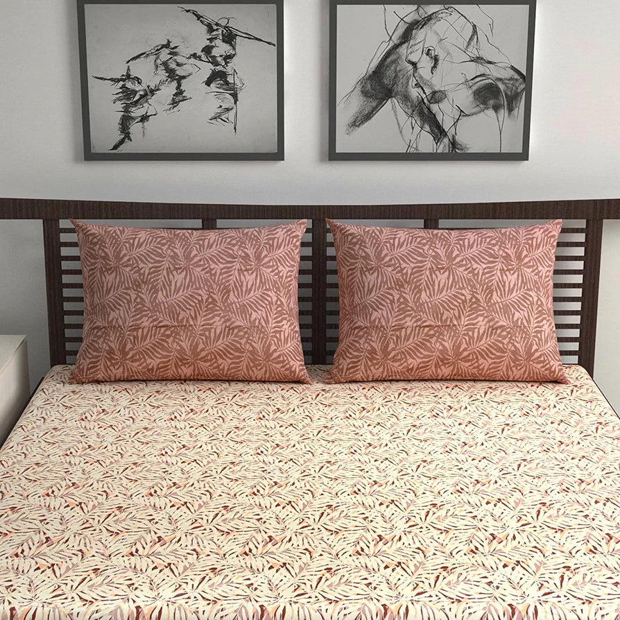 Divine Casa 144 TC 100% Cotton Double Bedsheet with 2 Pillow Covers Tropical Leaf Colour Cream Brown