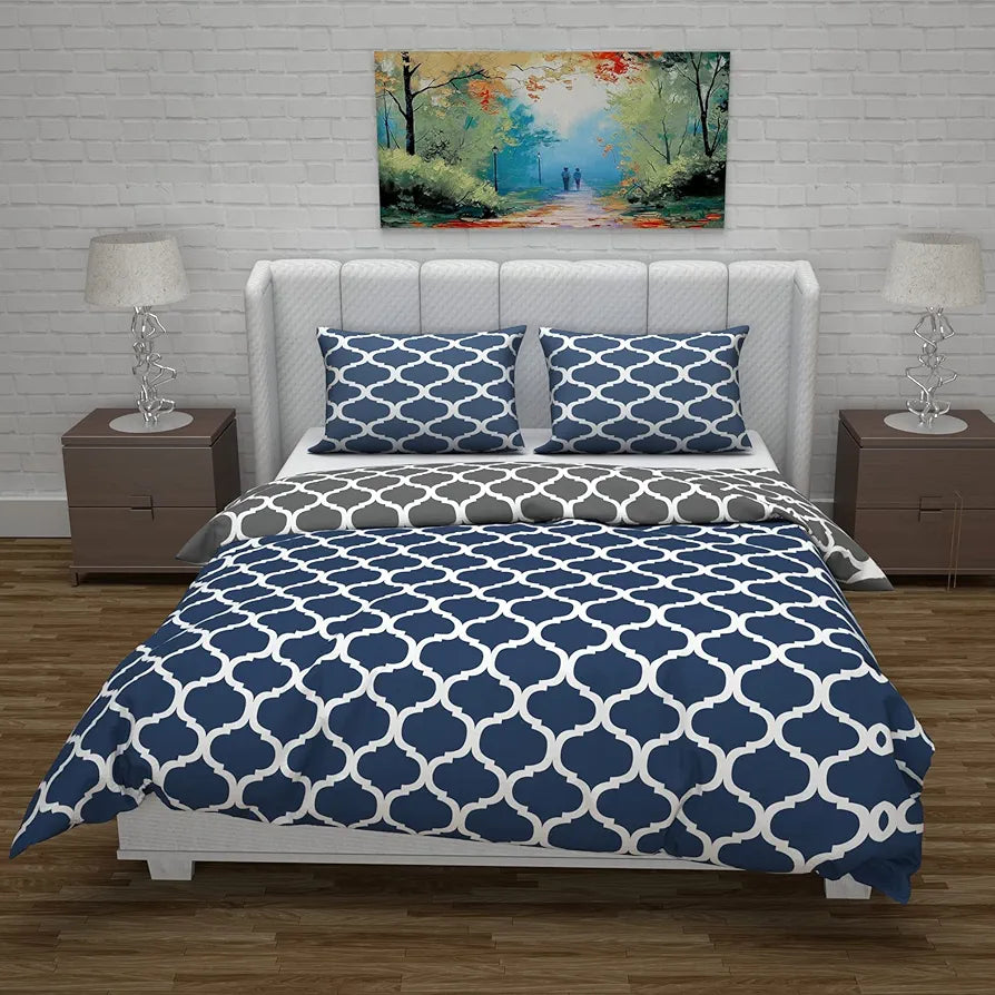 Divine Casa Micro Polyester Reversible Double Bed Queen Size Abstract Printed Duvet Cover Colour Dark Blue & Grey