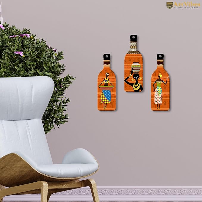 Artvibes African Women Warli Art Wooden Wall Hanging for Home Decor | Set of 3