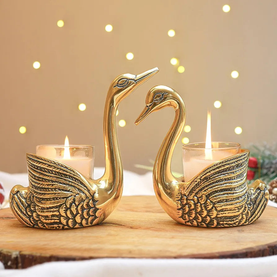 BEHOMA Aluminium Pair of Swans for Good Luck and Love | Candle Holder for Home| Showpiece for Gifting Anniversary Valentine's Day , Gold,13.5L x 7.5W x 14H Centimeters