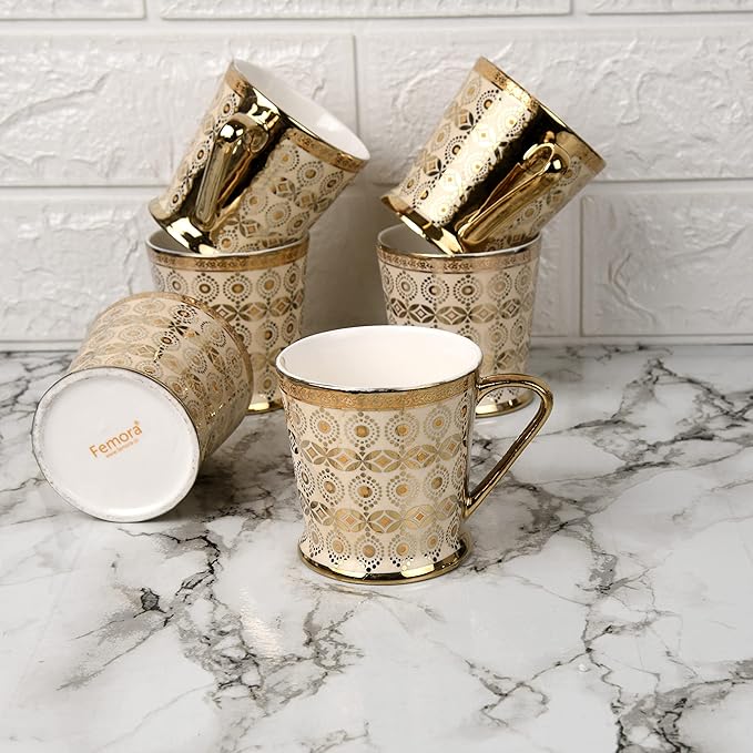 Femora Traditional Circles With Leaves Pattern Golden Tea Mugs | Coffee Mugs | 180 Ml | Golden | 6 Pcs Set | Not Microwave Safe