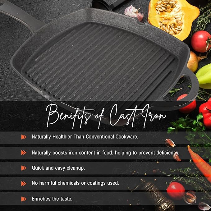 Solara Premium Pre-seasoned Cast Iron Grill Pan With Long Handle | 24 Cm | Induction Friendly | Toxin-free Tandoor Grill Pan