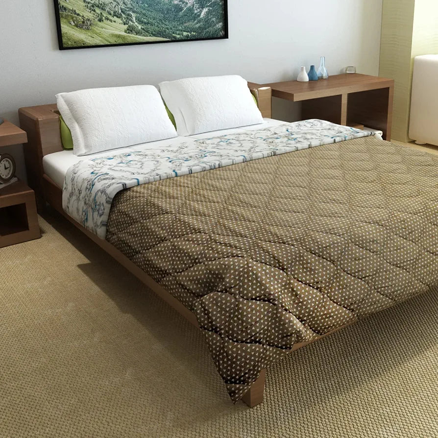 Divine Casa Microfibre All-Weather 150 GSM Printed Reversible Double Bed Size Quilt Comforter Blanket Colour Beige and Brown