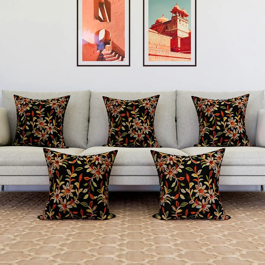 Kuber Industries Cushion Cover Pillow Covers Embroidery Cushion Covers Set of 5 Black