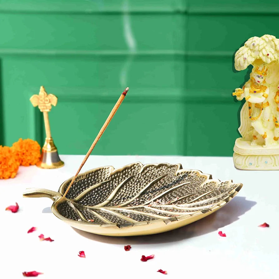 Pure Source India Leaf Design Aluminium Agarbatti Stand Incense Holder Ashcacher Antique