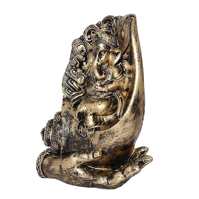 Ecraftindia Lord Ganesha Sitting on a Hand Base Handcrafted Decorative Polyresin Figurine