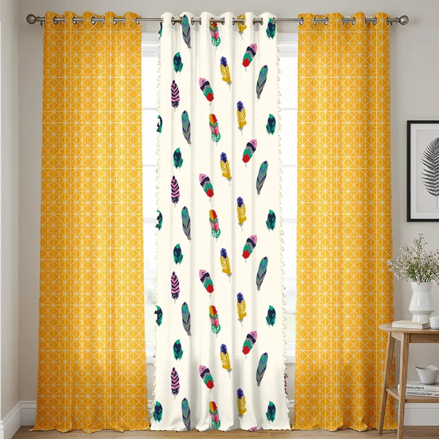 Urban Space Cotton Curtains for Door Combo Set of 3 Tieback & Eyelets Included with Curtains Yellow Star & Dream Catcher