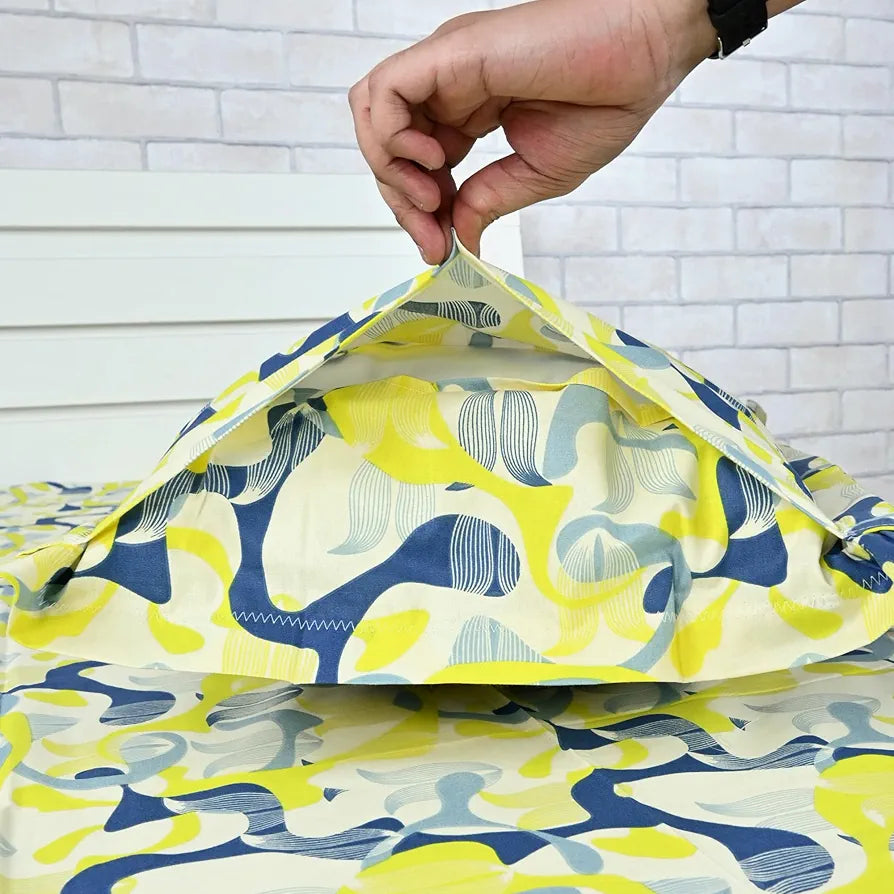 Divine Casa 144 TC Pure Cotton Double Bed Bedsheet with 2 Pillow Covers Mosaic Bloom Colour Yellow Blue