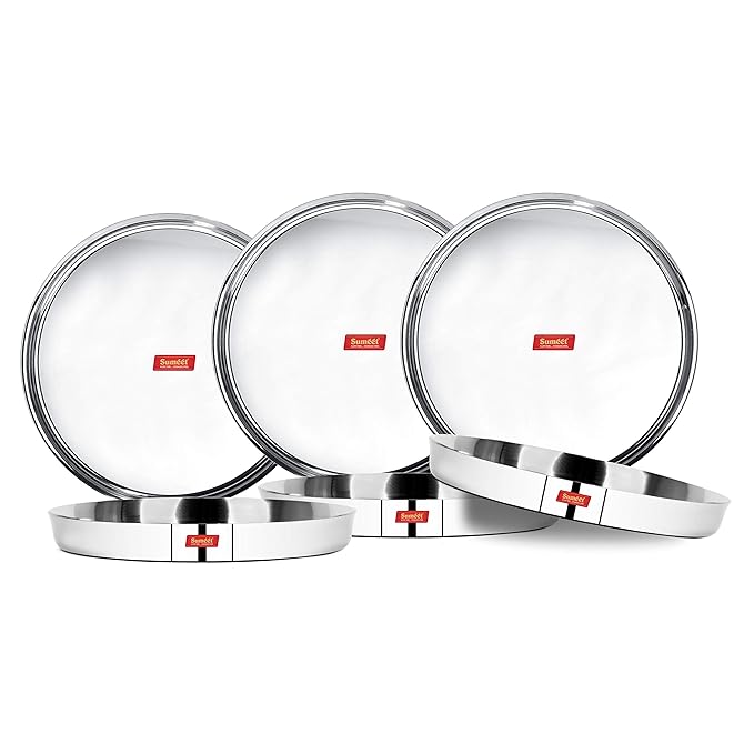 Sumeet 22 Gauge Stainless Steel Traditional Dinner Plate/Thali 28.5 Cm Set of 6pc