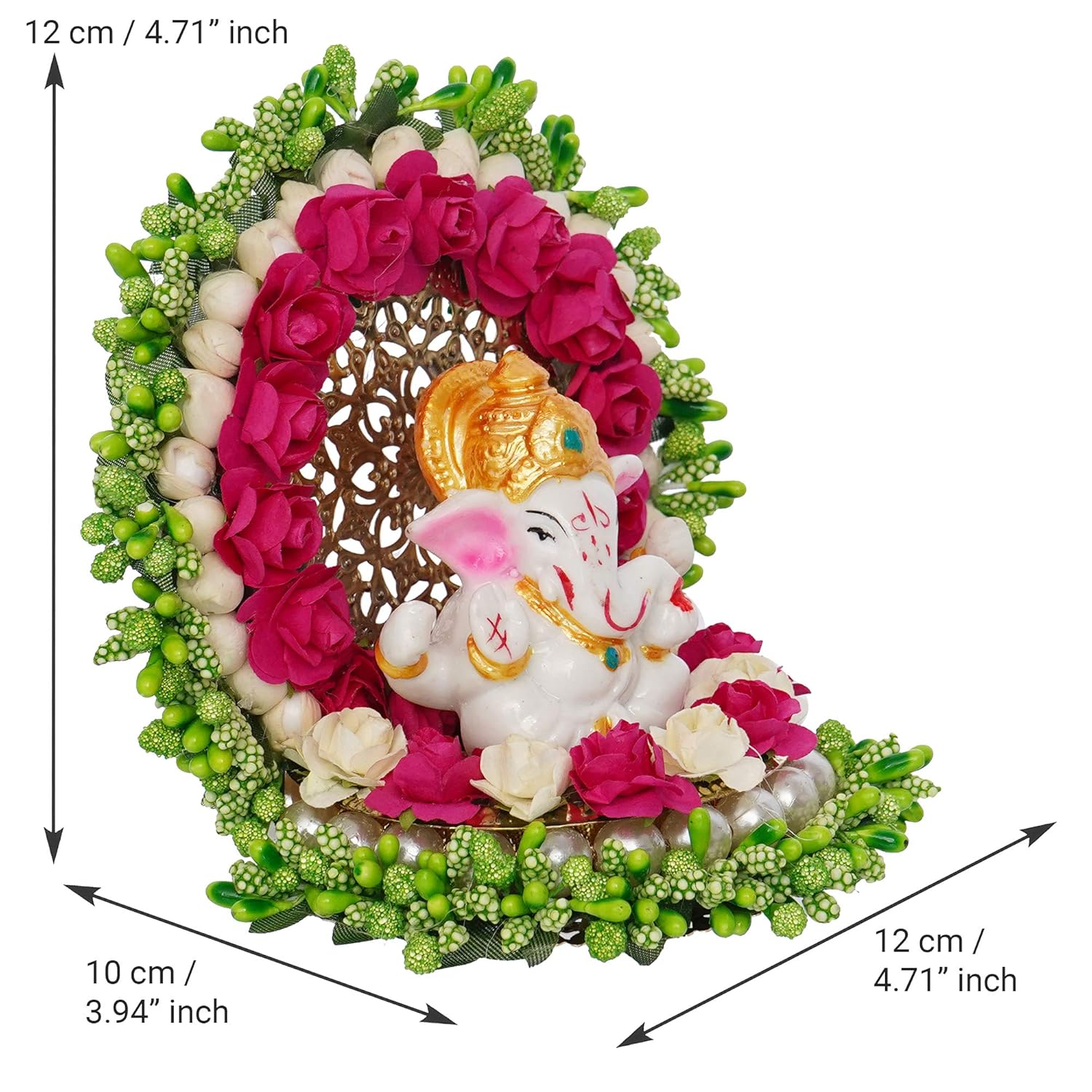 Ecraftindia Resin Lord Ganesha Idol on Decorative Green Pink Floral Plate | Ganesha Idol