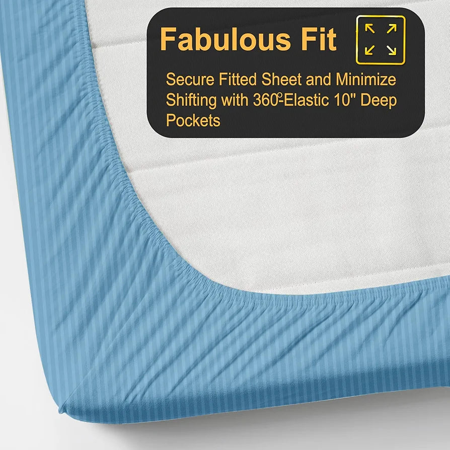Fresh From Loom Satin Striped Soft Fitted Bedsheet King Size Bed with Two Pillow Cover Elastic Fitted Bed Sheets 240 TC Blue
