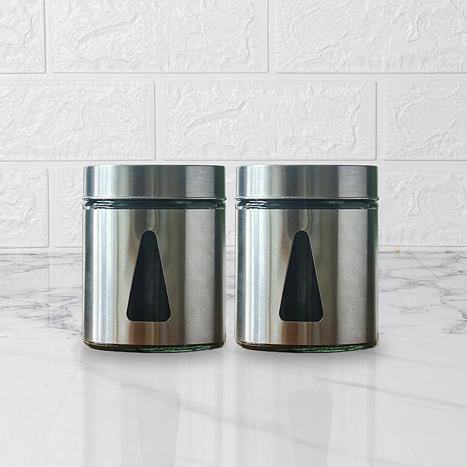 Femora Kitchen Storage Jars Steel Finish With See Through Window Jar | 700 Ml | Pack of 2 | Silver