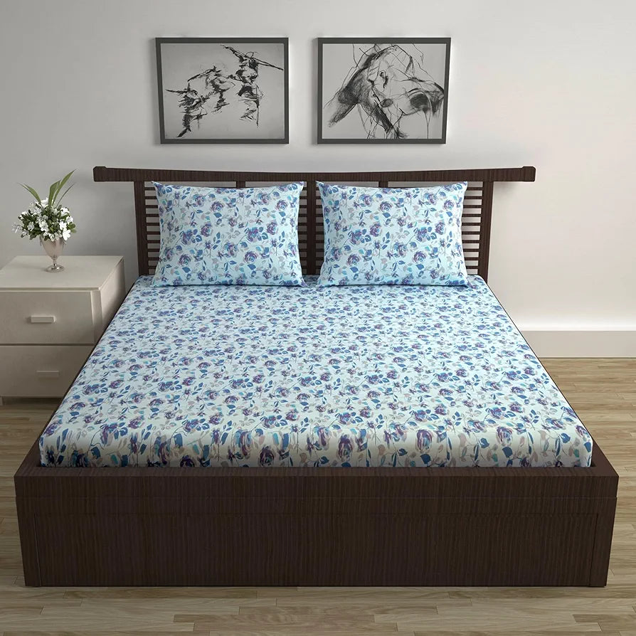Divine Casa 144 TC Pure Cotton Double Bed Bedsheet with 2 Pillow Covers Floral Pattern Colour Sky Purple Blue