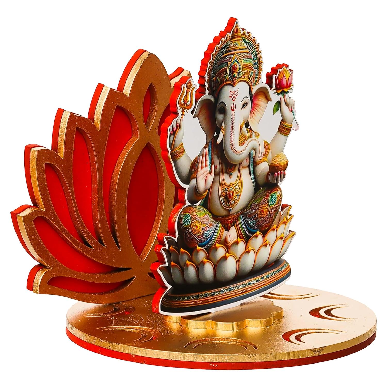 Ecraftindia Mdf Wooden Lord Ganesha Sitting on Lotus Flower Decorative Showpiece for Diwali