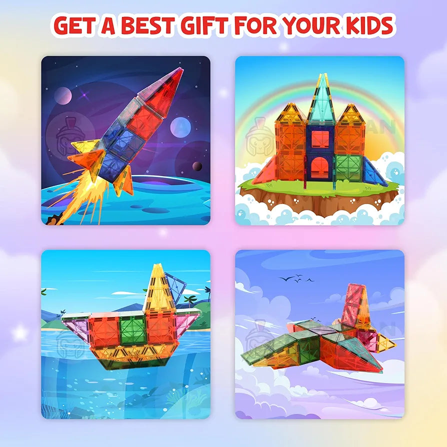SPARTAN KIDS® Premium Magnetic Tiles for Kids  Magnetic Building Blocks for Kids 3 4 5 6 7 8 Years, Constructing & Learning Builder Educational Kids Magnetic Blocks Game