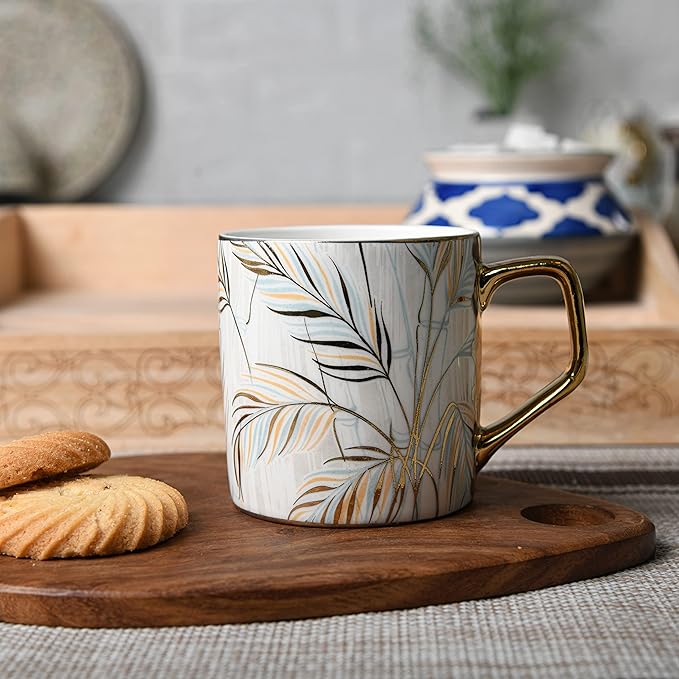 Femora Pastel Tropical Leaves Tea Mugs, Ceramic Tea Cups, Coffee Mugs | 180 Ml | 6 Pieces Set | Not Microwave Safe