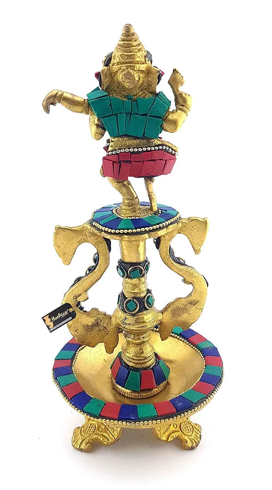 Two Moustaches 8 Inches Dancing Ganesha Gemstone Work Brass Oil Diya