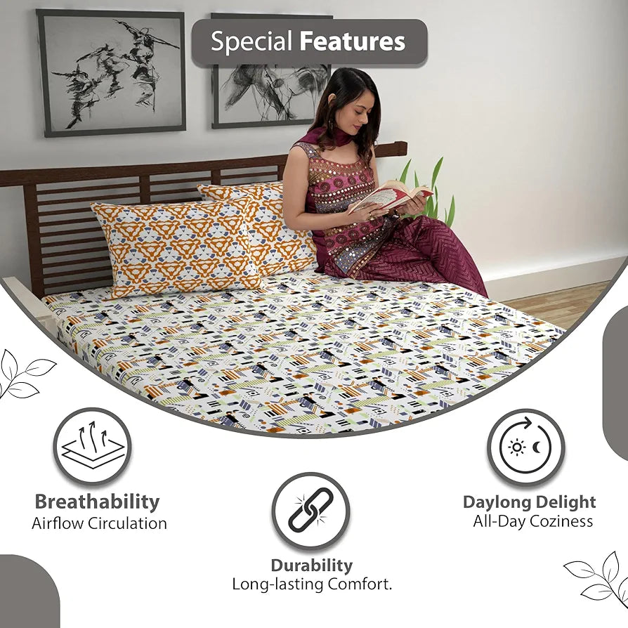 Divine Casa 144 TC Cotton Bedsheet for Double Bed with 2 Pillow Cover Colour Yellow & White