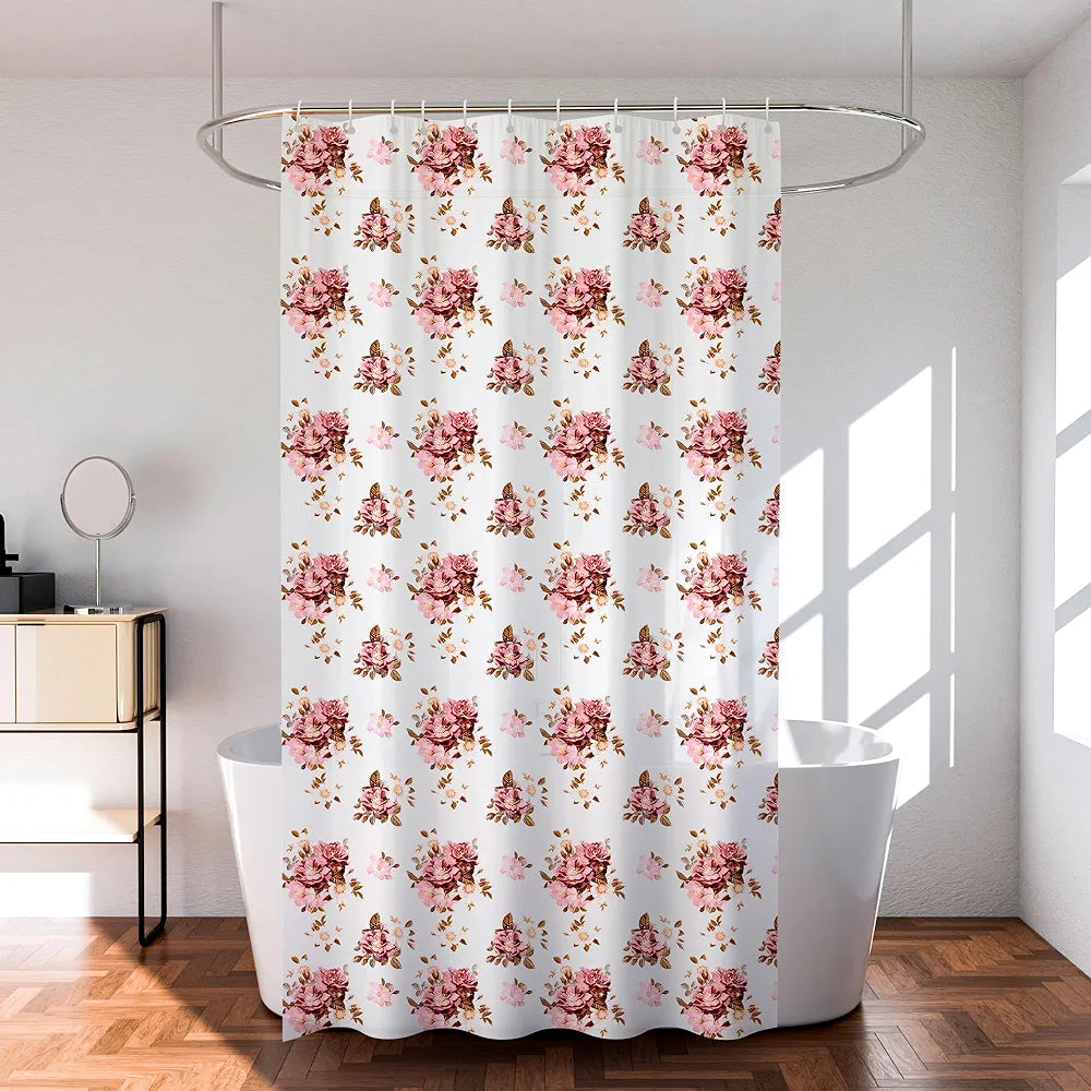 Kuber Industries Shower Curtain Bathroom Shower Curtain 8 Rings Curtain Pink Flower Transparent