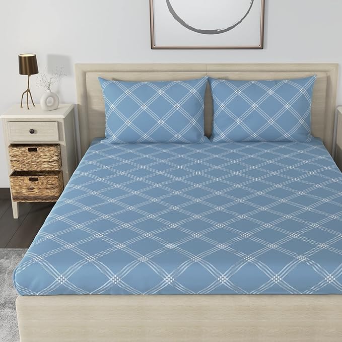 Huesland by Ahmedabad Cotton 186 TC Cotton Bedsheets for King Size Bed with 2 Pillow Covers | Blue