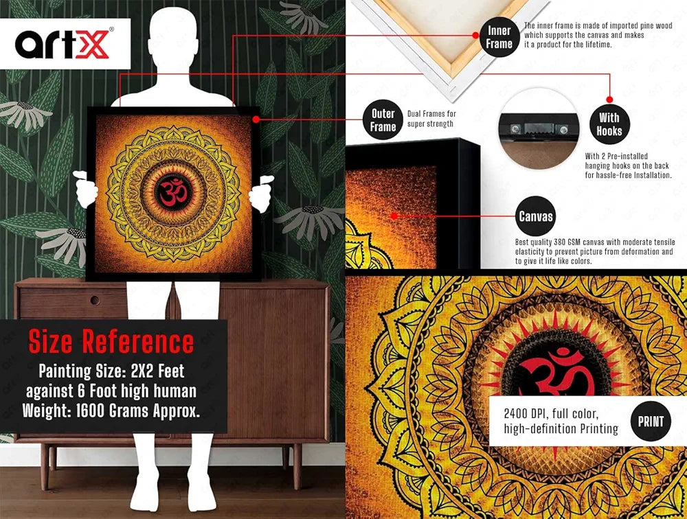 ArtX Oranage OM Mandala Big Canvas Painting With Frame