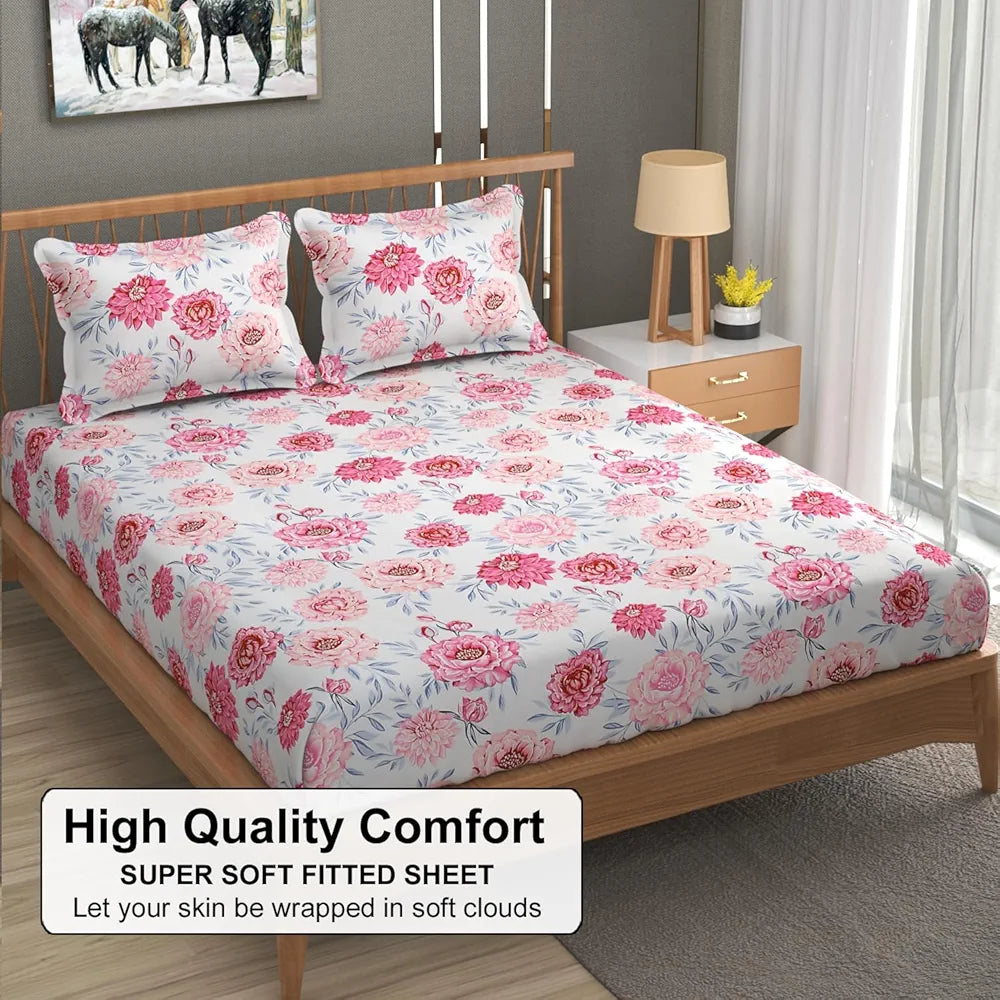 Fresh From Loom Floral Print 240 TC King Size Microfiber Fitted Bedsheet Set Soft & Anti Fade 2 Pillow Covers Included Rose-Offwhite