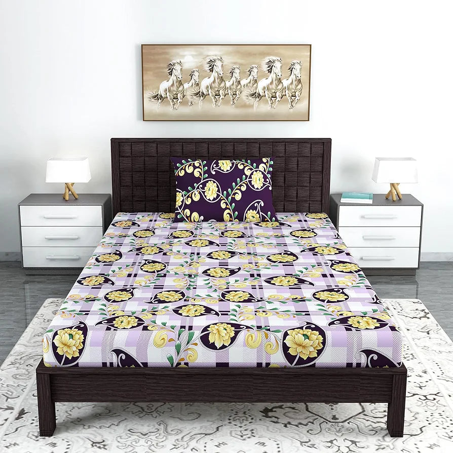 Divine Casa 144 TC 100% Cotton Bedsheet for Single Bed Floral Print with 1 Pillow Cover Colour Royal Lilac