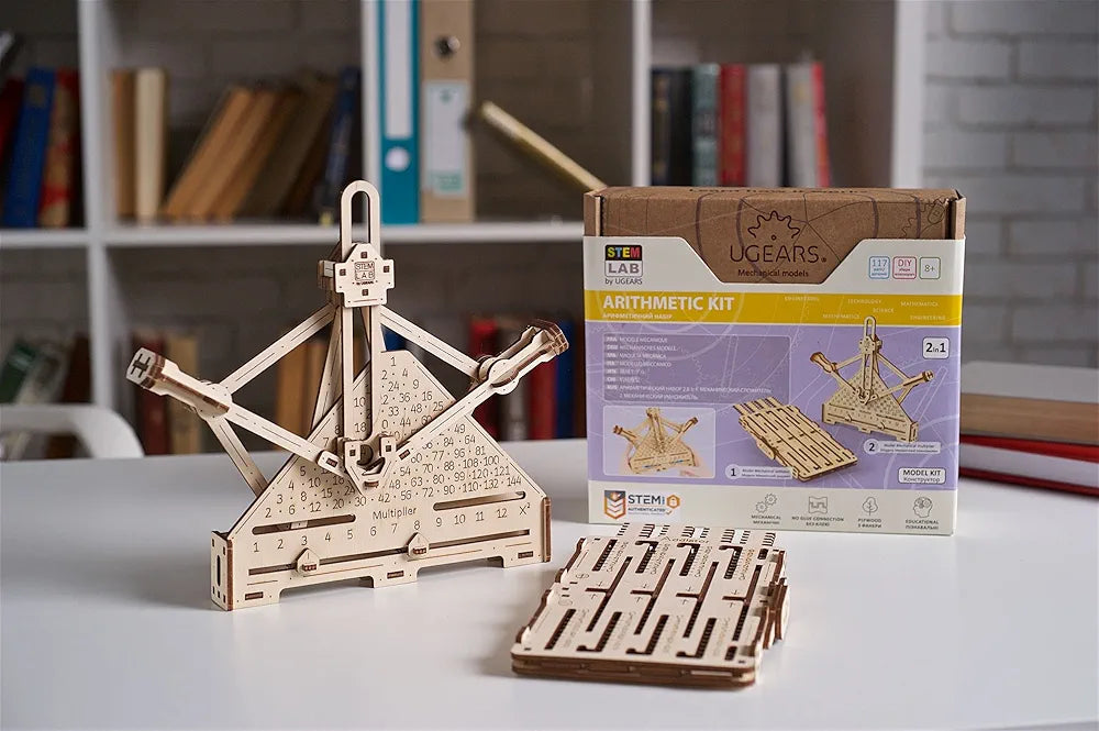 UGEARS STEM Arithmetic Kit 2 in1 Model Kit - Creative 3D Wooden Puzzles for Adults, Teens and Children - DIY Mechanical Science Kit for Self Assembly - Educational and Engineering 3D Puzzles with App