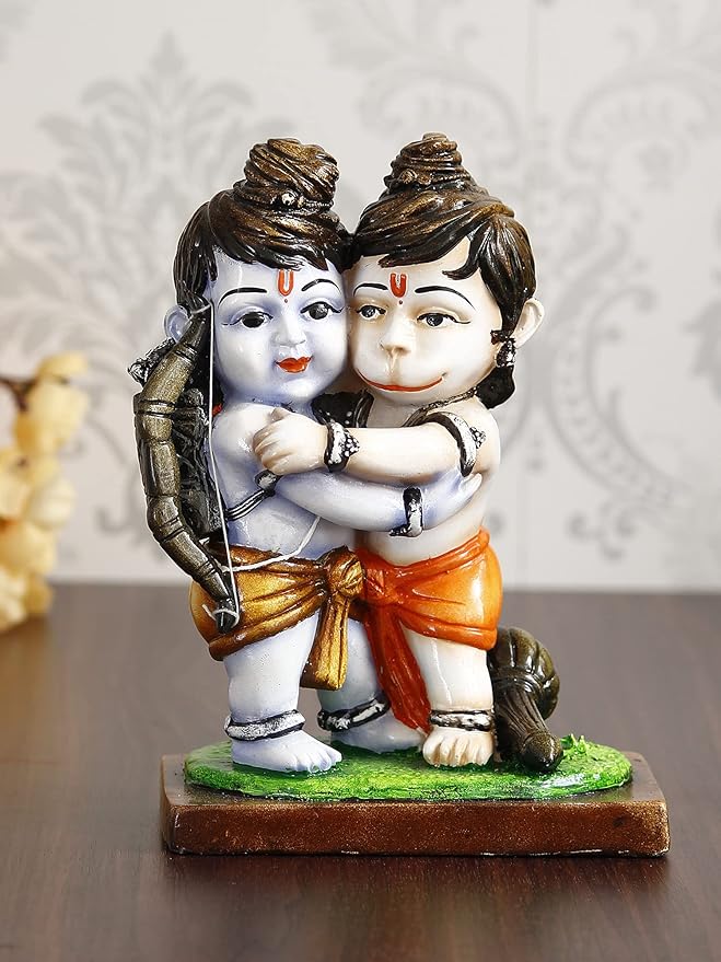 Ecraftindia Handcrafted Polyresin Lord Ram Hugging Lord Hanuman Idol | Auspicious Religious Statue