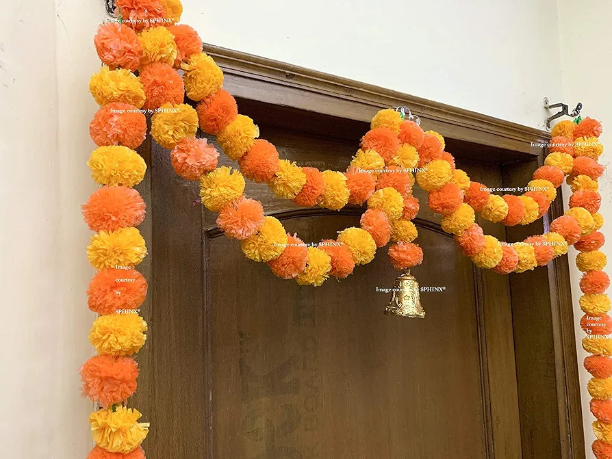 Artificial Marigold Fluffy Flower Garlands Door Toran Set/door Hangings - Light & Dark Orange