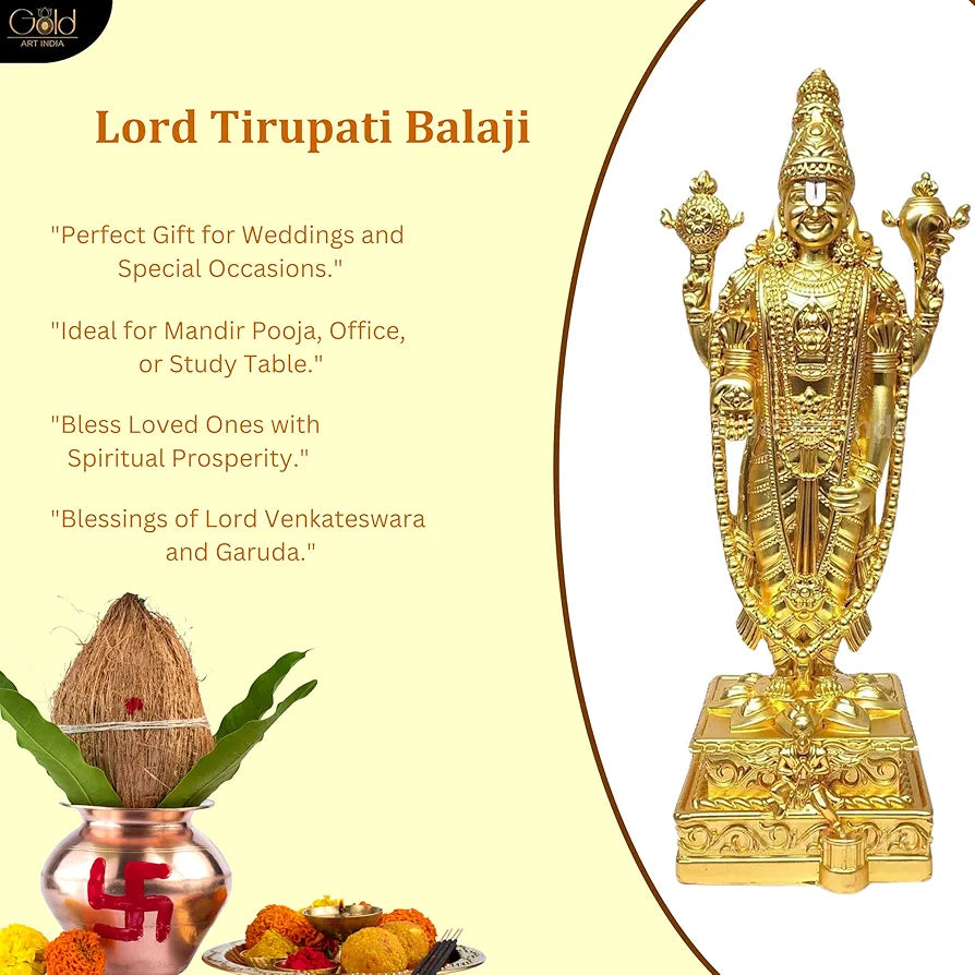 Gold Art India Lord Tirupati Balaji Gold Plated Matte Idol with Garuda