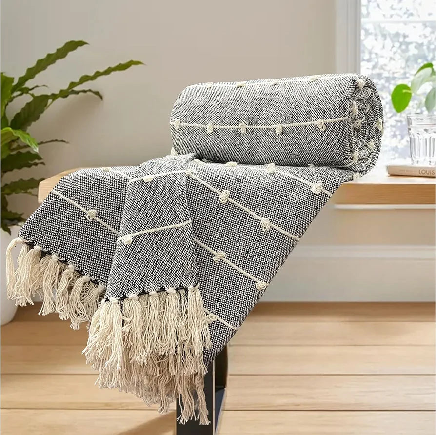 Sajavat Home Hand-Knitted Pure Cotton 3 Seater Sofa Throw Colour Black & Beige