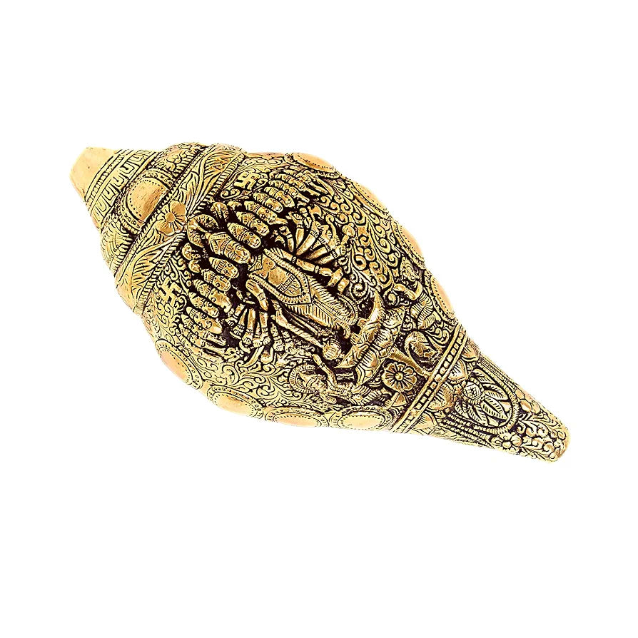 anciently Antique Finish Brass Vishu Shankh | Premium Brass Vishnu Virat Shankh 2Kg, Height 23.5cm, Antique, Gold Colour