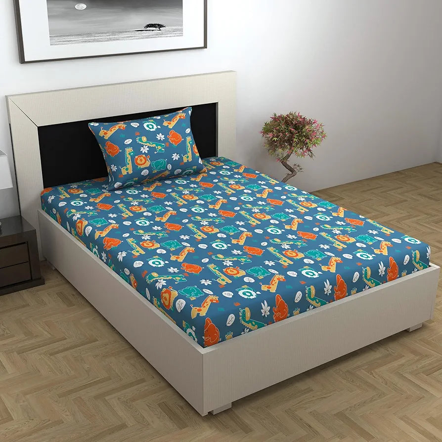 Divine Casa 144 TC 100% Cotton Single Bedsheet with 1 Pillow Cover Abstract Pattern Colour Iris Deep