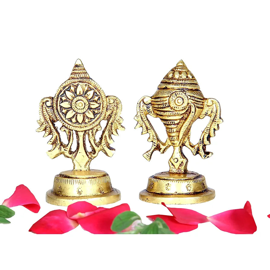 Anciently Brass Small Shankh Chakra Set | Small Sangu Chakram Set 5.8cm Height, Gold Colour - 1 Set